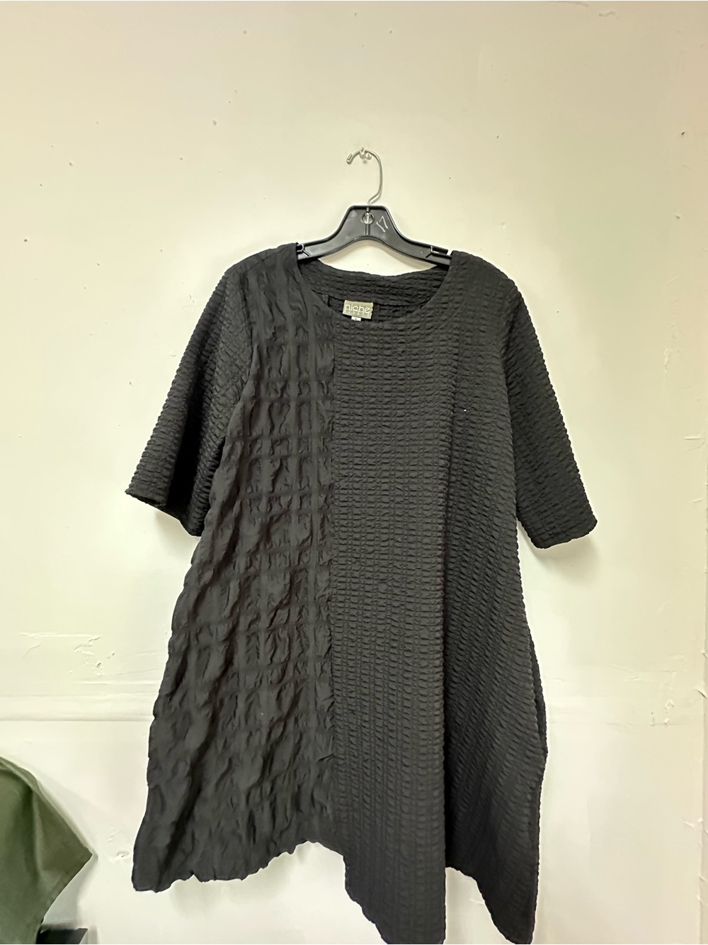 Textured Asymmetrical Black Shift Dress - Short Sleeve